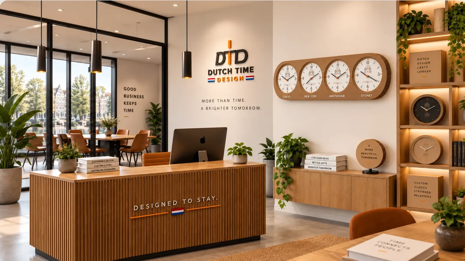 Ontvangsthal van Dutch Time Design met eiken balie met de tekst Designed to stay en aan de muur een wereldtijdklok van golfkarton met vier witte wijzerplaten voor Tokyo, New York, Amsterdam en Sydney