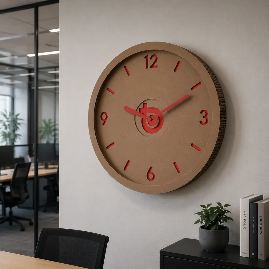 Grote kartonnen wandklok met rode uitgesneden cijfers in huiskleur aan een kantoorwand