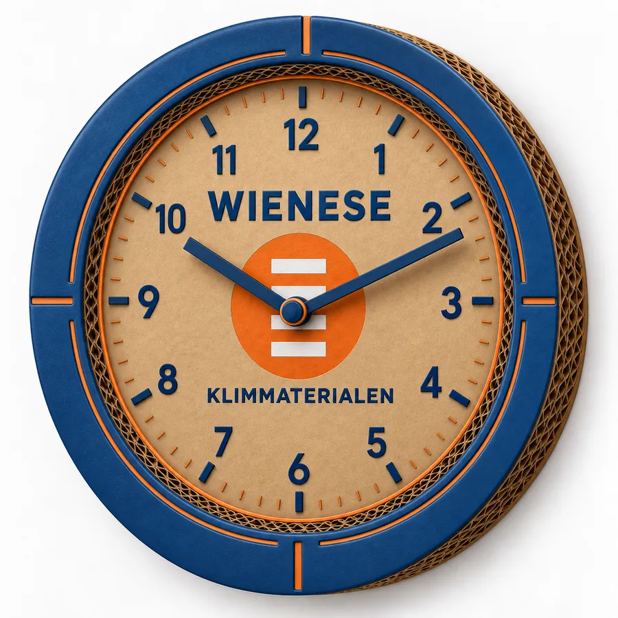 Kartonnen klok met bedrijfslogo van Wienese Klimmaterialen, blauwe rand, volledige cijferring en oranje accenten