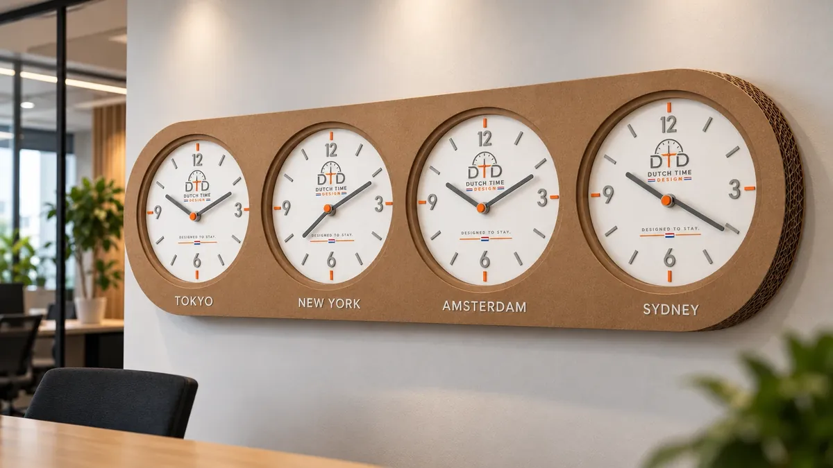 Wereldtijdklok van golfkarton met vier witte wijzerplaten voor Tokyo, New York, Amsterdam en Sydney, met Dutch Time Design logo, aan een kantoormuur